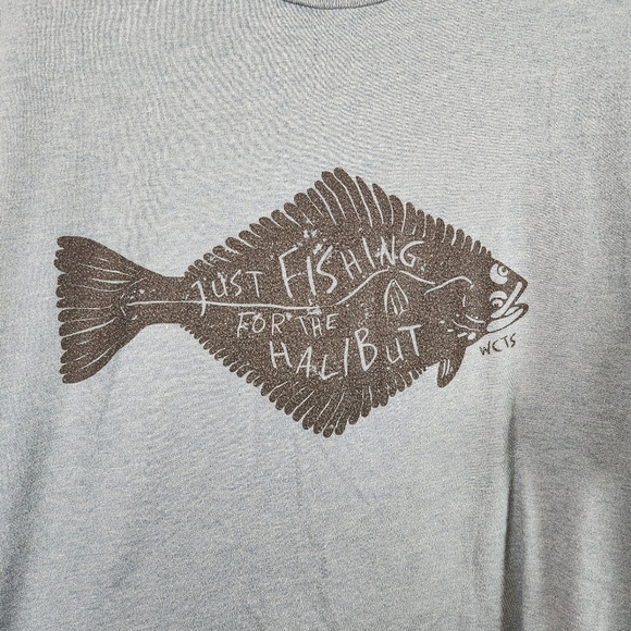 Westcoastees Just Fishing For the Halibut Blue Short Sleeve Graphic Tee Novelty - Picture 2 of 6